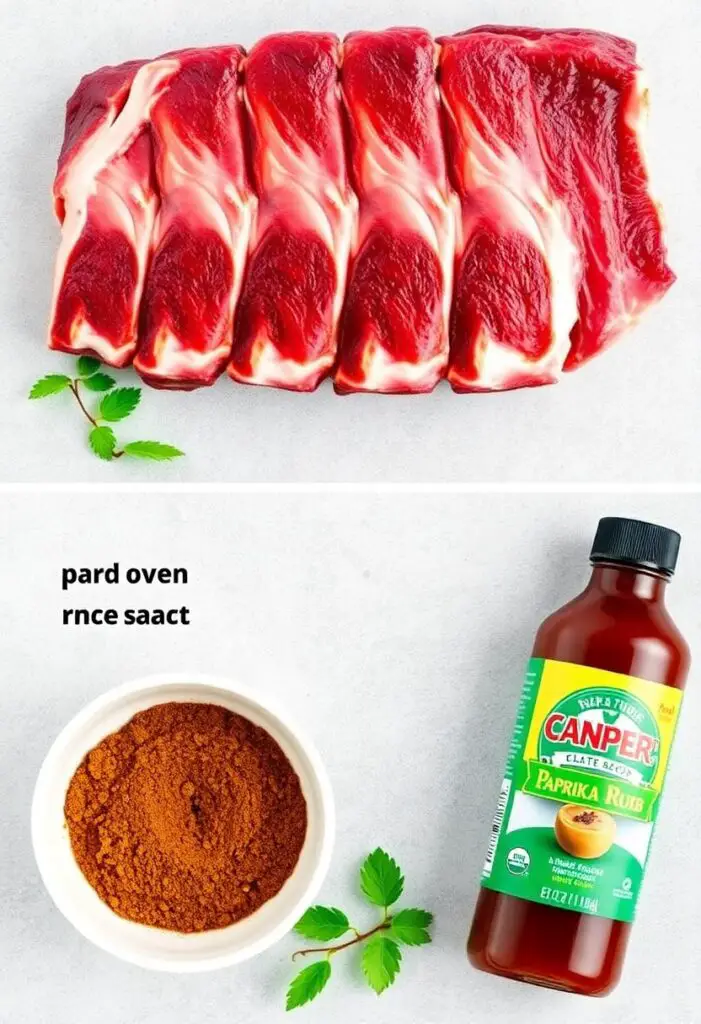 A vibrant flat lay collage of ingredients for oven-baked ribs: a raw rack of pork ribs, a bowl of dark brown sugar and paprika-based spice rub, and a bottle of BBQ sauce.