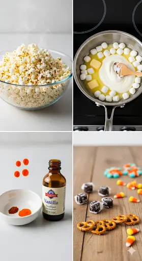 A collage of the ingredients for Halloween popcorn pumpkins, including popped popcorn, marshmallows, butter, and orange food coloring.