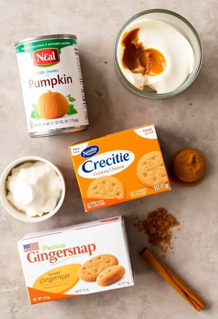 A cozy flat lay collage of ingredients for no-bake pumpkin cheesecake parfaits: a can of pumpkin puree, a block of cream cheese, a box of gingersnap cookies, brown sugar, and a cinnamon stick.