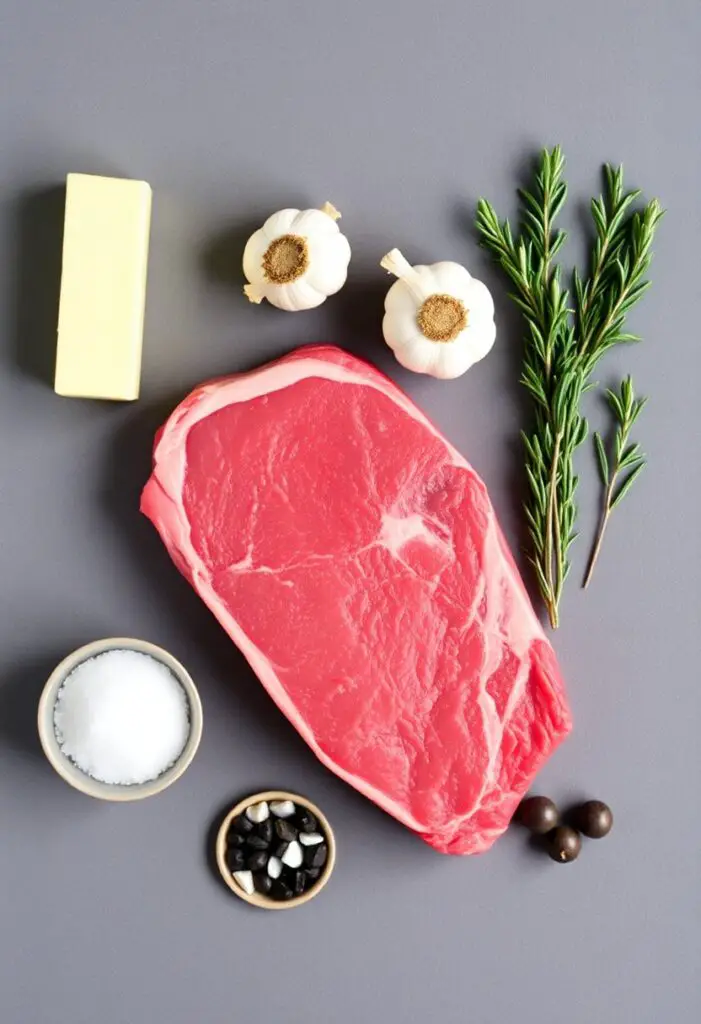 A simple, elegant flat lay collage of ingredients for cooking ribeye steak: a thick-cut raw ribeye steak, a stick of butter, a head of garlic, fresh rosemary, and a small pile of coarse sea salt and peppercorns.