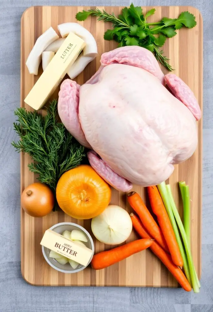 A collage of fresh turkey ingredients including a raw turkey, butter, and herbs, arranged on a wooden background.