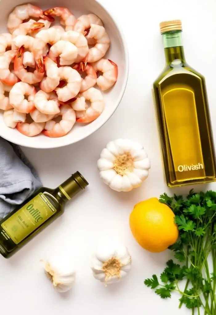A clean flat lay collage of ingredients for oven-roasted shrimp: a bowl of raw, peeled shrimp, a bottle of olive oil, a head of garlic, a lemon, and a bunch of fresh parsley on a light background.