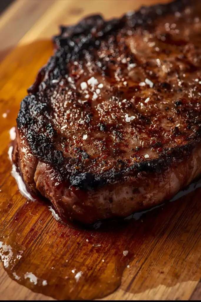 A close-up of a perfectly seared steak with a crispy, seasoned crust resting on a cutting board.