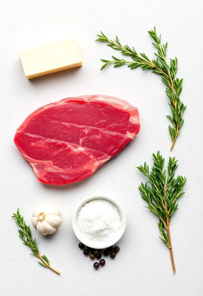 A simple, elegant flat lay collage of ingredients for cooking sirloin steak: a thick-cut raw sirloin steak, a stick of butter, a head of garlic, fresh rosemary, and a small pile of coarse sea salt and peppercorns.