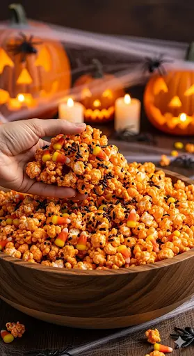 A bowl filled with a spooky Halloween popcorn mix, with a hand scooping a handful.
