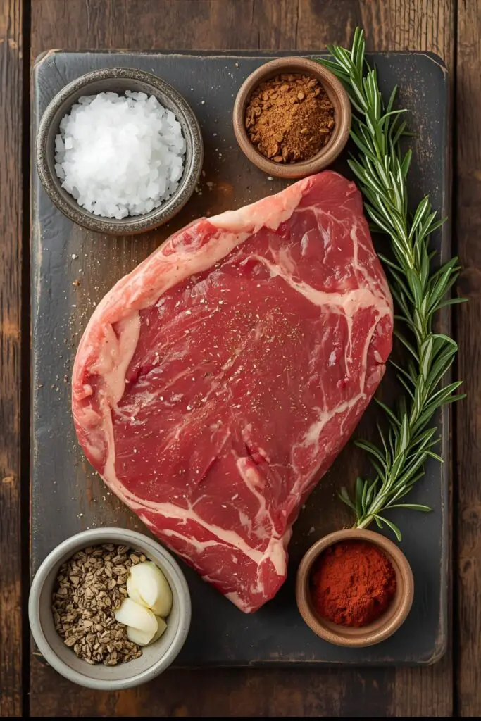 A collage of various steak seasoning ingredients including a raw steak, salt, pepper, garlic powder, and rosemary.