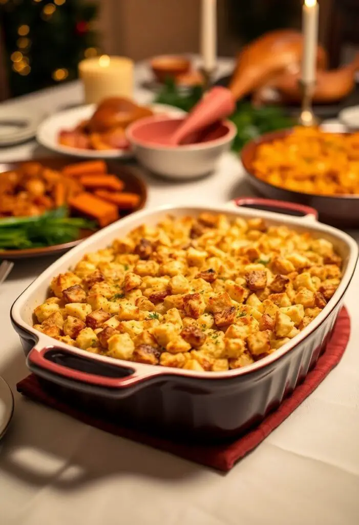 A freshly baked stuffing casserole with a crispy top in a ceramic baking dish on a holiday table.