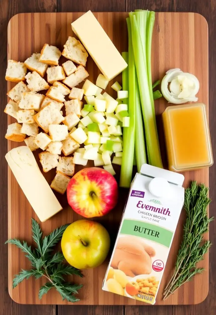A collage of fresh stuffing ingredients, including bread cubes, vegetables, and herbs, arranged on a wooden background.