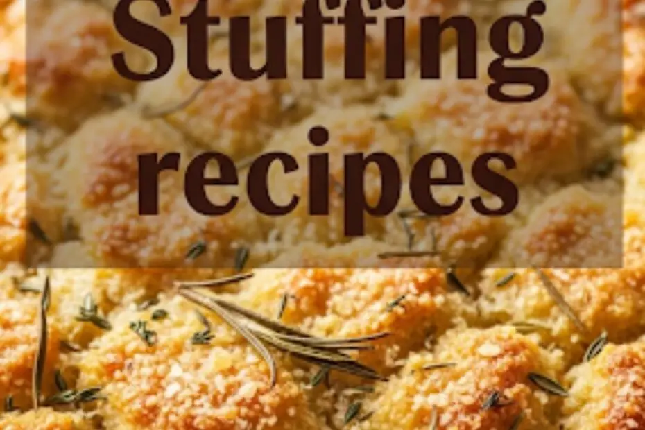 Text overlay "Stuffing recipes" on a background of a freshly baked stuffing casserole.