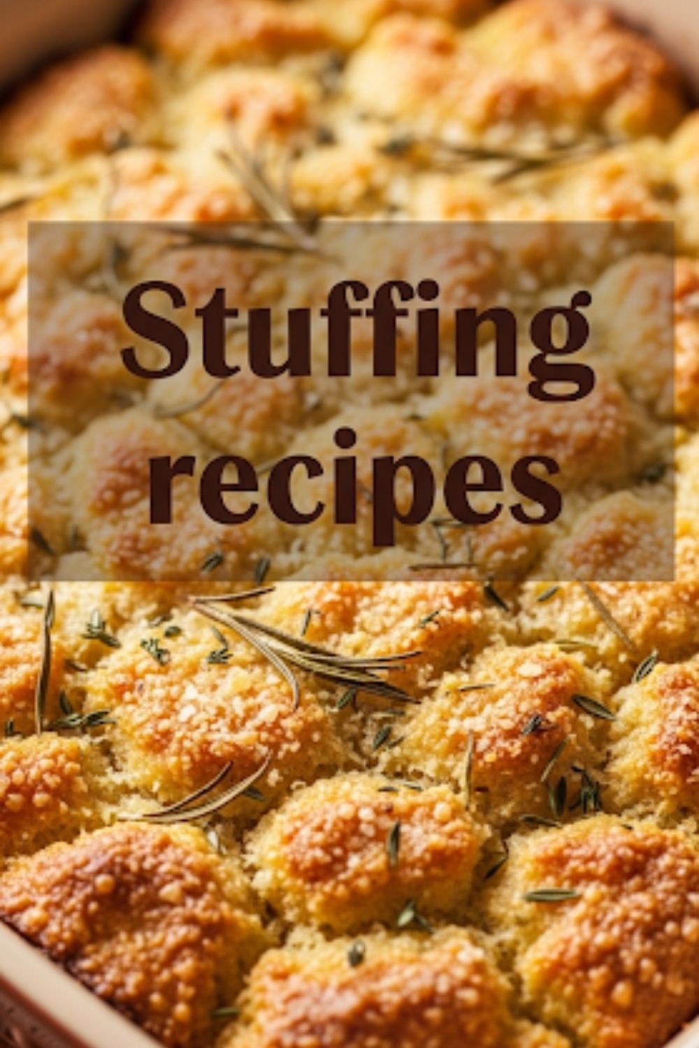Text overlay "Stuffing recipes" on a background of a freshly baked stuffing casserole.