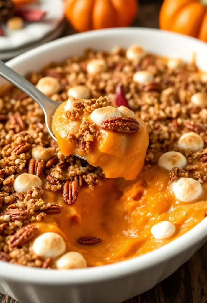 A full shot of a freshly baked sweet potato casserole with a crispy pecan topping and melted marshmallows in a white baking dish.