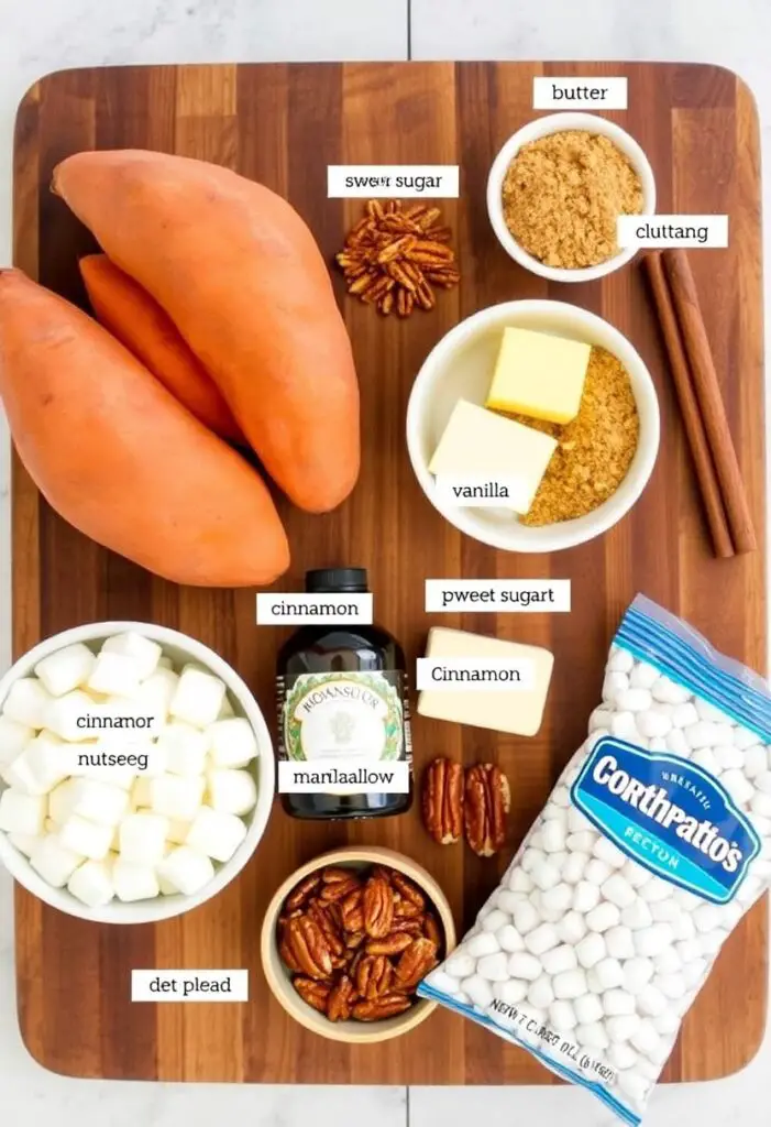 A flat lay collage of fresh sweet potato casserole ingredients including sweet potatoes, pecans, and marshmallows on a wooden surface.