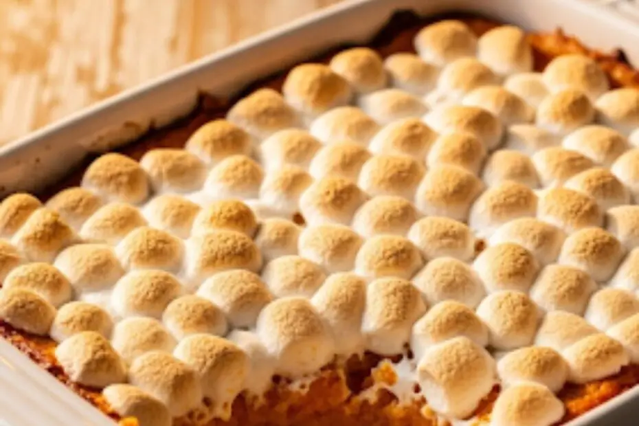 Text overlay "Sweet potato casserole" on a background of a freshly baked casserole in a baking dish.