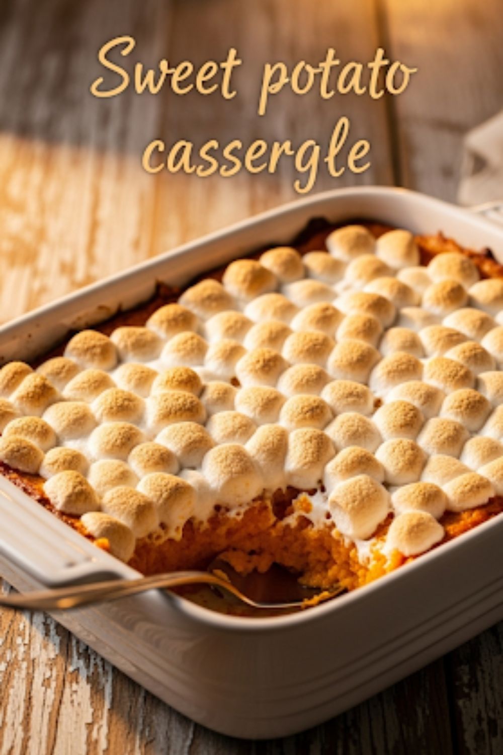 Text overlay "Sweet potato casserole" on a background of a freshly baked casserole in a baking dish.