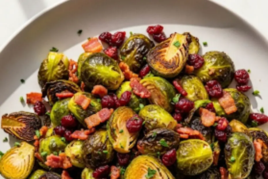 Text overlay that reads "The Best Thanksgiving Side Dishes" over a vibrant platter of roasted Brussels sprouts with bacon and cranberries.