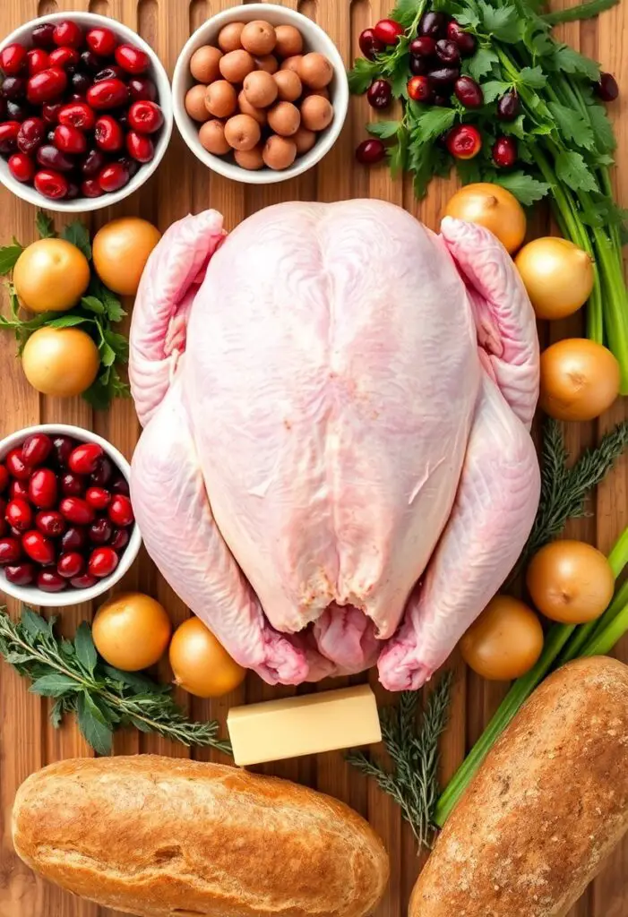 A collage of fresh Thanksgiving ingredients including a raw turkey, cranberries, potatoes, and herbs, arranged on a wooden background.