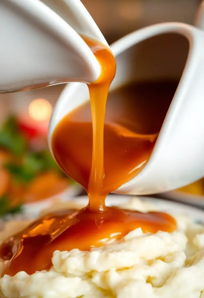 A collage of fresh ingredients for turkey gravy, including pan drippings, butter, flour, and broth, with a whisk.