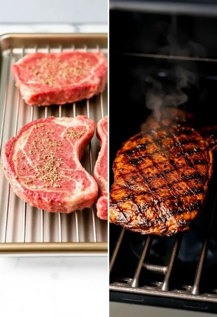 A close-up shot showing two stages of broiling a steak. One side shows the seasoned raw steak on a broiler pan rack, ready to go in the oven. The other side shows the finished, perfectly charred steak being sliced, with steam rising.