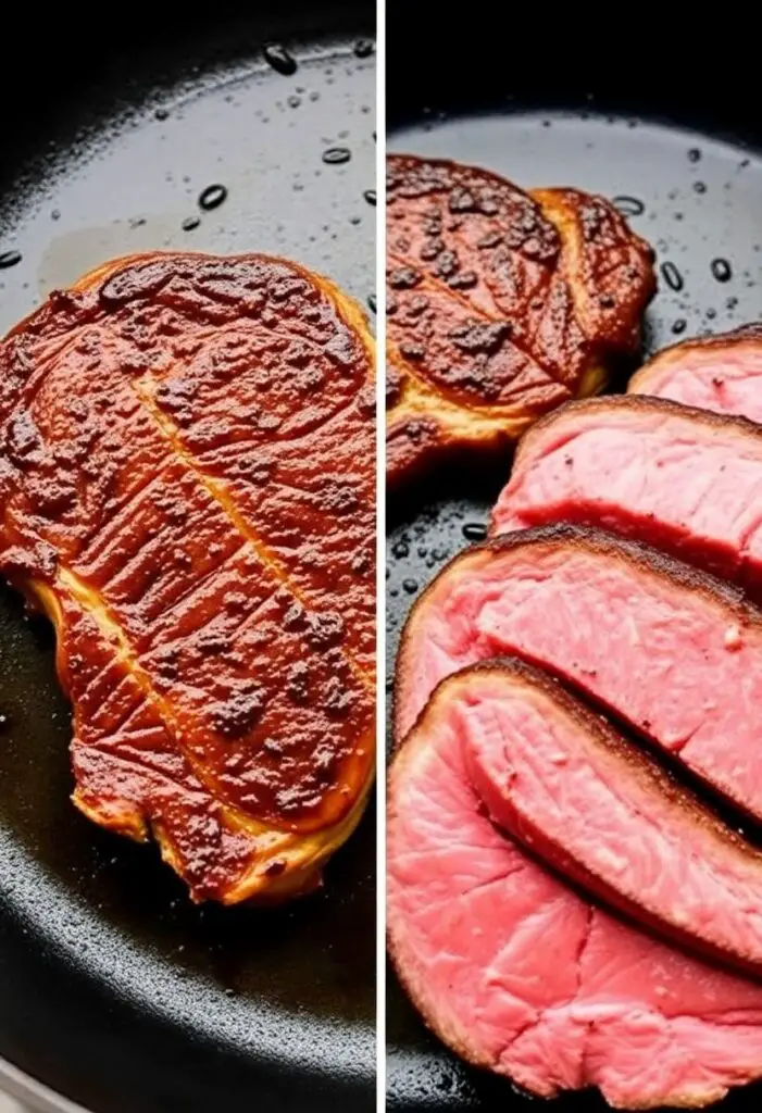 A close-up shot showing two stages of cooking a steak in a cast iron skillet. One side shows the steak getting a deep, dark brown crust in the hot pan. The other side shows the finished, perfectly sliced steak revealing a juicy, pink medium-rare interior.