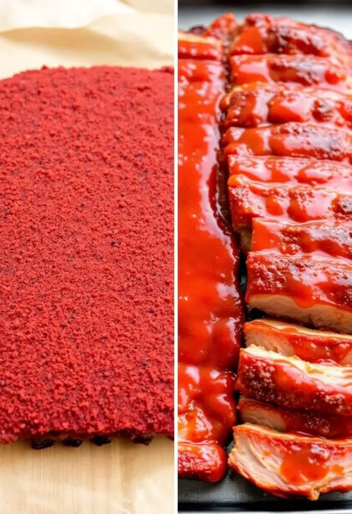 A close-up shot showing two stages of the oven-ribs process. One side shows the raw rack of ribs heavily coated in a red spice rub. The other side shows the finished, saucy, and caramelized ribs being sliced, with the meat clearly tender.