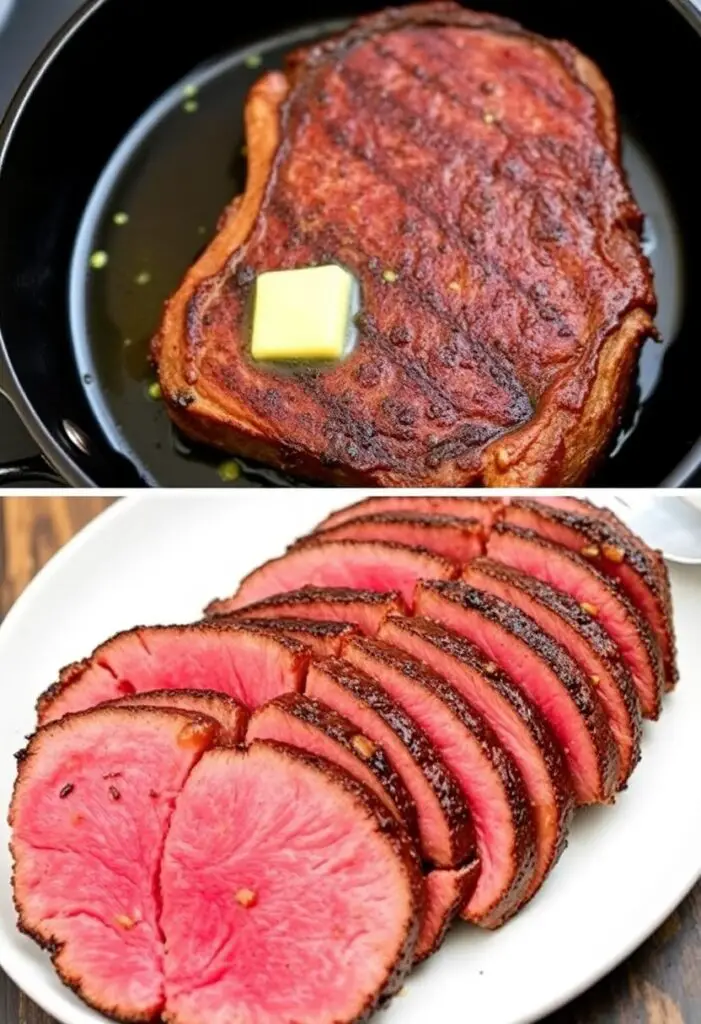 A close-up shot showing two stages of cooking a ribeye steak. One side shows the steak getting a deep, dark brown crust while being basted with butter and garlic in a cast-iron skillet. The other side shows the final, perfectly sliced steak fanned out on a plate, glistening with juices.