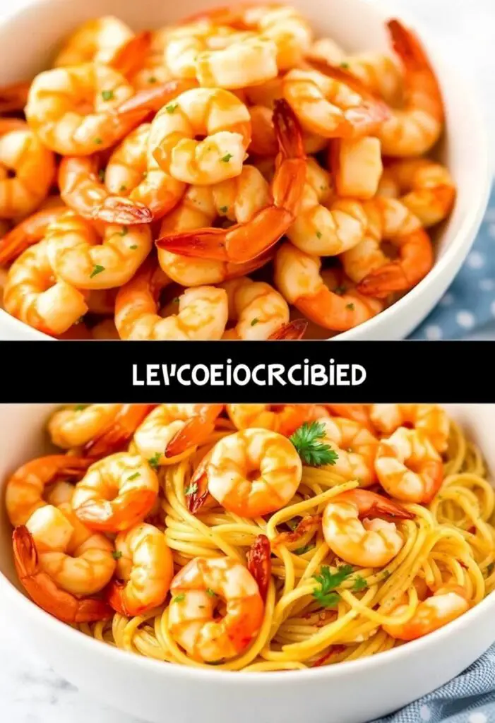 A close-up shot showing two different ways to serve the oven-roasted shrimp. One is a pile of the finished shrimp in a bowl, ready as an appetizer. The other shows the shrimp tossed with linguine pasta for a beautiful shrimp scampi dish.