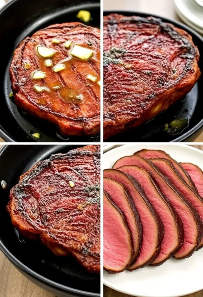 A close-up shot showing two stages of cooking a sirloin steak. One side shows the steak getting a deep, dark brown crust while being basted with butter and garlic in a cast-iron skillet. The other side shows the final, perfectly sliced steak fanned out on a plate.