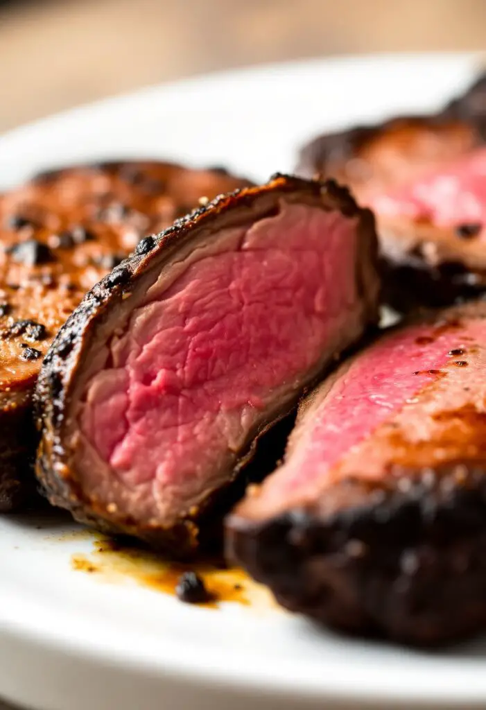  A close-up shot of two slices of cooked steak. One shows a perfect medium-rare doneness with a vibrant pink center. The other shows a well-seared exterior with a rich, dark brown crust.
