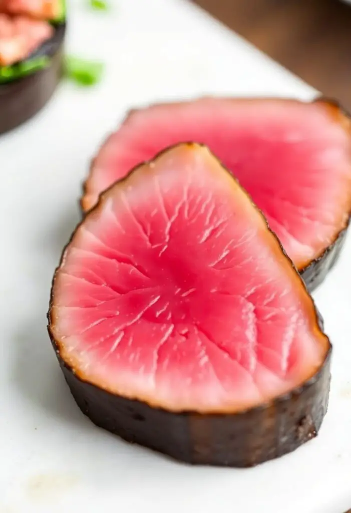 A close-up shot showing two slices of seared tuna steak. One displays a perfect rare doneness with a vibrant red center, while the other shows a medium-rare with a slightly larger pink band.