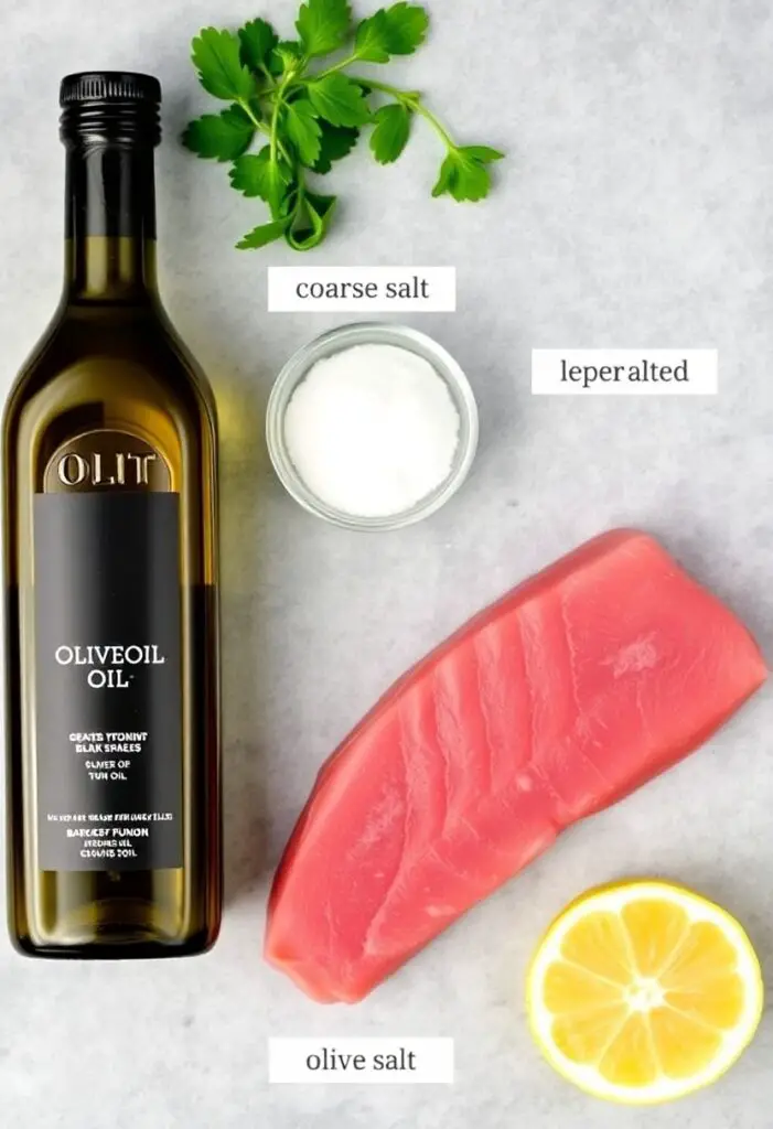 A clean flat lay collage of ingredients for seared tuna steak: a raw tuna steak, a bottle of olive oil, coarse salt, black peppercorns, and a lemon wedge.